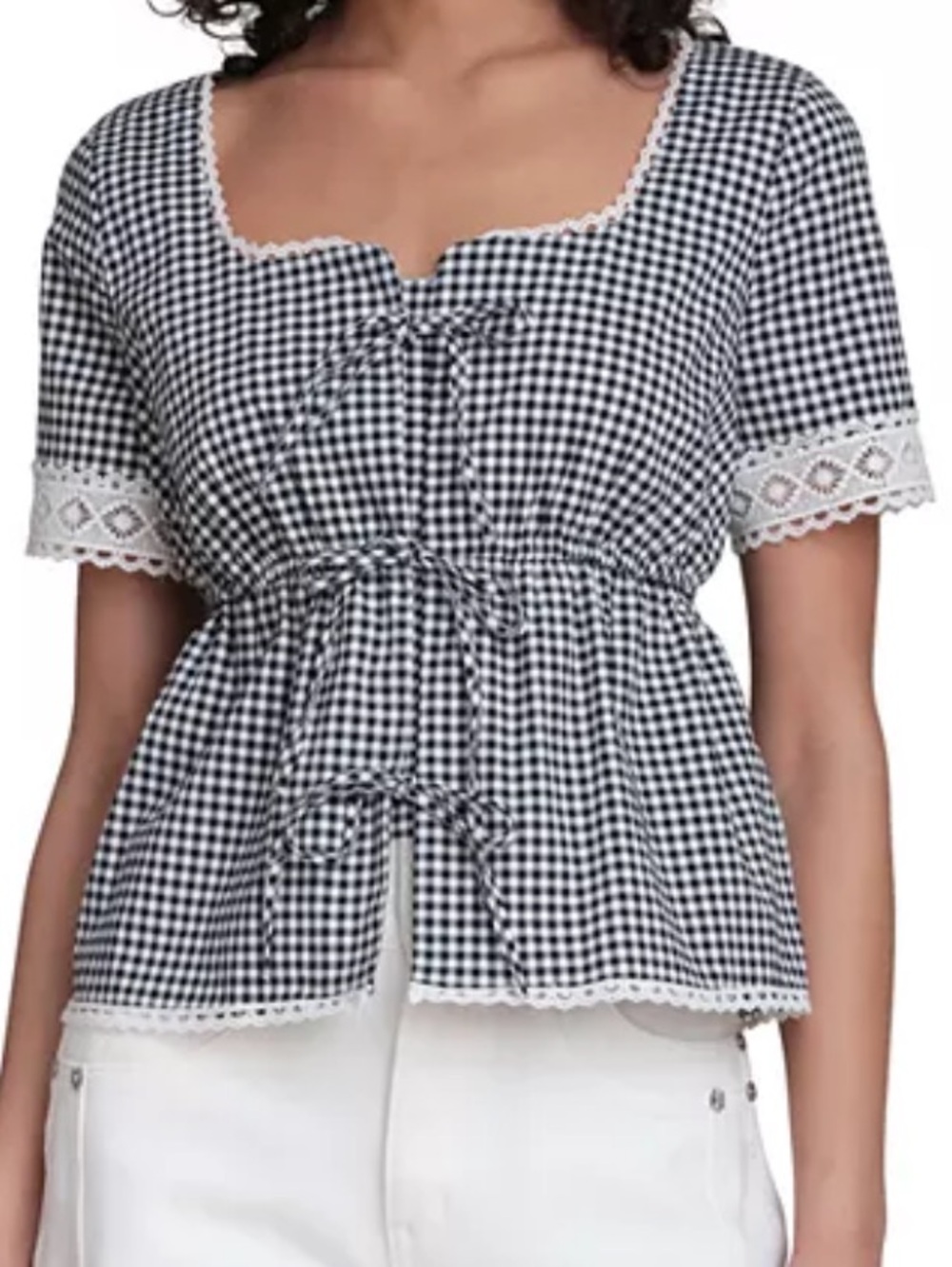 Bagatelle Square Neck Tie Front Top Gingham print lace black white size XL